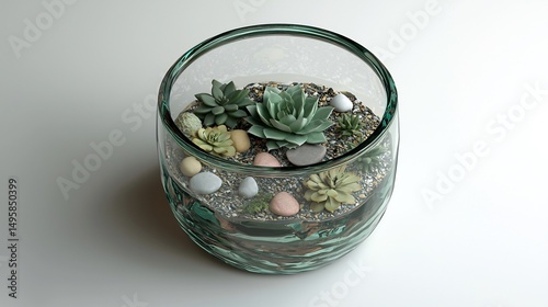 Isolated 3D render of glass terrarium with small succulents and stones top down view on white background