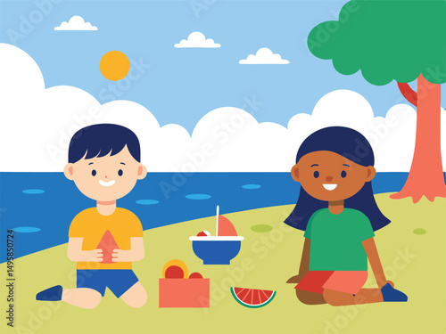 Happy Children Enjoying a Summer Picnic by the Ocean