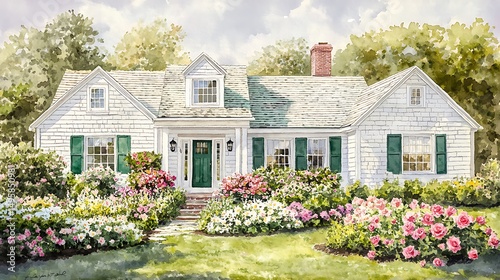 Watercolor traditional Cape Cod house with a whitewashed exterior, deep green shutters, and a front garden of vibrant roses and daisies, watercolor effect with soft green,  