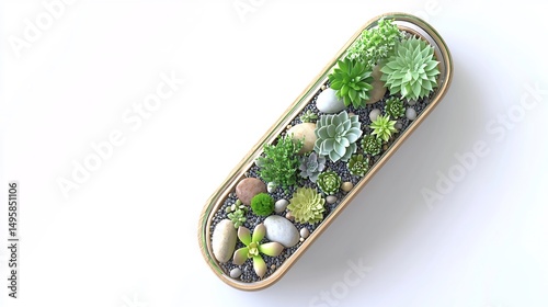 Isolated 3D render of glass terrarium with small succulents and stones top down view on white background