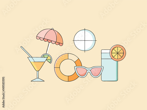 Summer Vacation Essentials Flat Lay Illustration Design