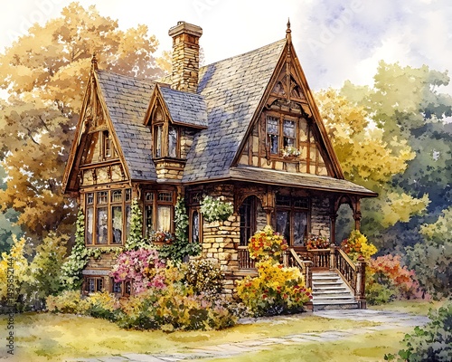 Watercolor Victorian cottage with a steep roof, stone exterior, and wooden trim,  