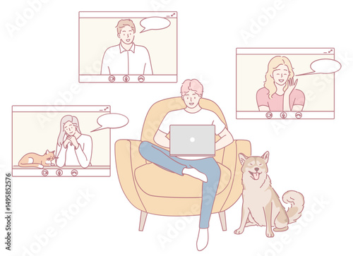 A person comfortably using a laptop in a cozy setting, actively engaging in virtual conversations with friends