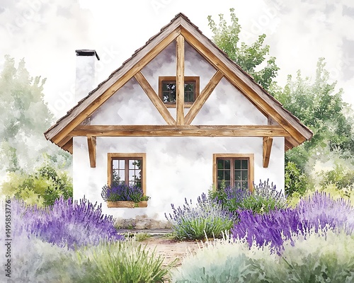 Watercolor white cottage with wooden beams, surrounded by a fragrant garden of lavender and rosemary, watercolor effect with soft purples, greens, and blues, soft morning light, HD clarity