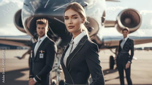 Wallpaper Mural Portrait of flight attendants standing in front of a private jet on the airport tarmac in formal suits Torontodigital.ca