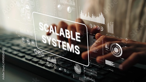 Business professional typing on keyboard with digital interface displaying scalable systems and technology concepts. Asymptotic smart data analytic.