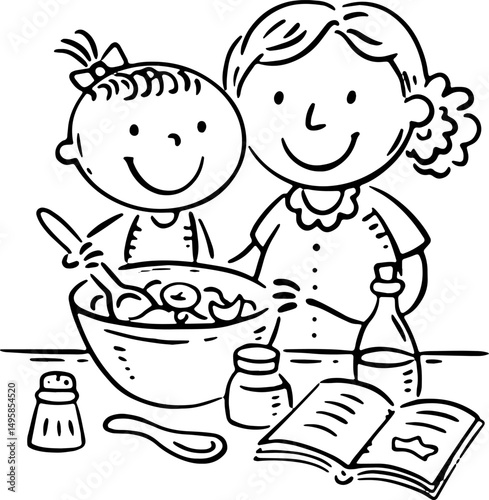 Outline illustration of mother and little girl cooking eats. Cartoon family clipart