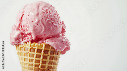 Delicious strawberry ice cream in a waffle cone