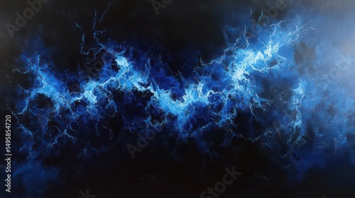Abstract painting of blue nebula clouds against a dark background in a horizontal format