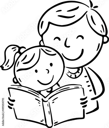 Outline illustration of father reading a book to his little daughter. Happy cartoon family clipart. Dad spend time with child