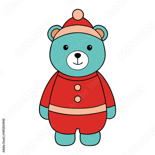 A cute bear dressed in cozy winter clothes, sitting joyfully on a colorful Christmas toy, spreading festive cheer with its adorable smile and holiday charm.
