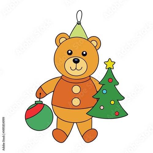 A cute bear dressed in cozy winter clothes, sitting joyfully on a colorful Christmas toy, spreading festive cheer with its adorable smile and holiday charm.
