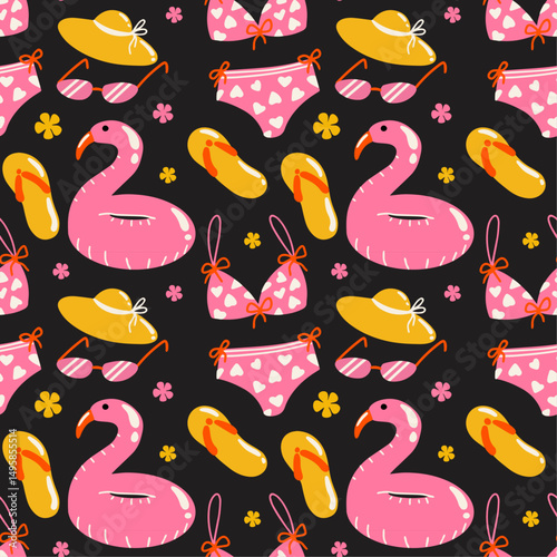 Tropical aesthetic, summer vacation vibes, holiday themed seamless vector pattern with cute groovy funky cartoon illustration of sea beach objects, swimwear, exotic flowers, pool party, flip flops
