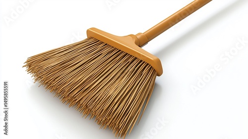 Isolated 3D render of hand broom with bristles and short handle angled flat view on seamless white background