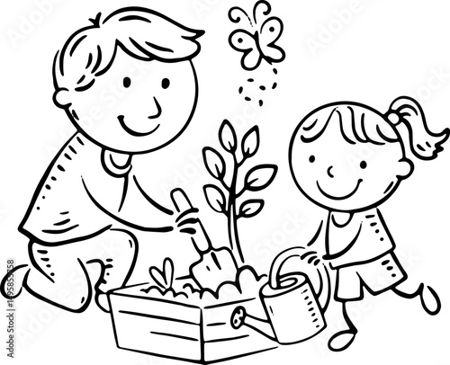 Father Daughter Planting Tree Garden Outline Illustration