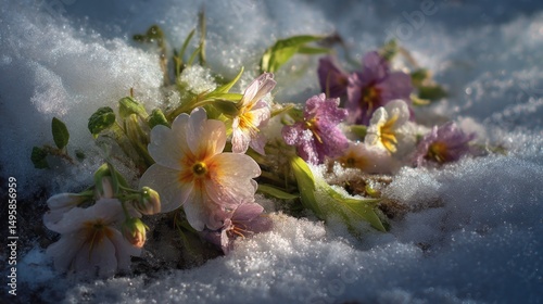 Delicate spring flowers nestled in winter snow photo