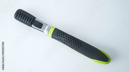 Isolated 3D render of hand held citrus zester with ergonomic grip top down angle on white background