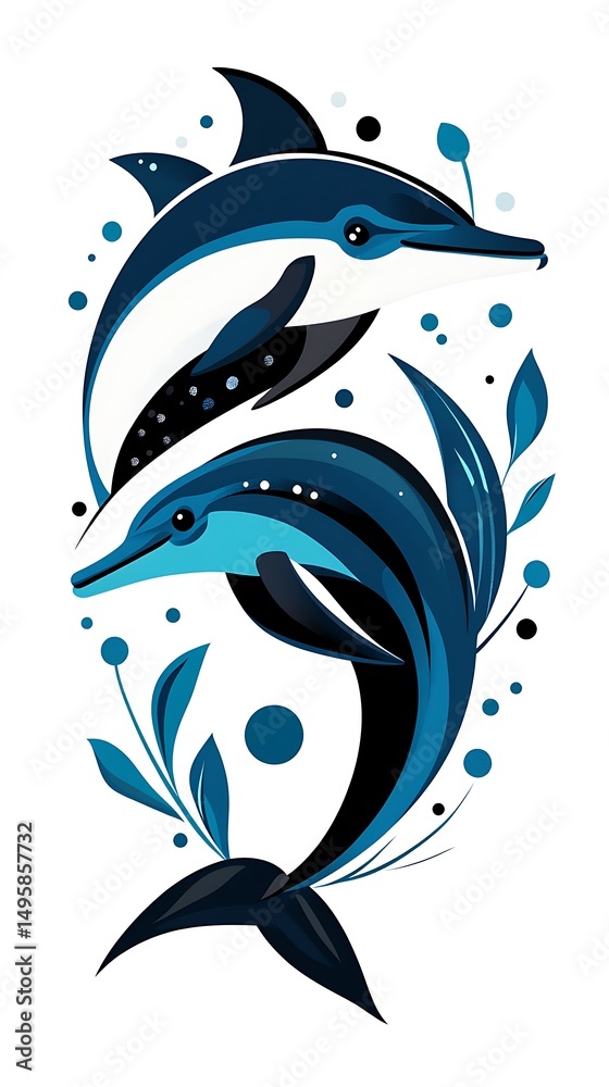 Naklejka premium 躍動感あるイルカと植物の装飾デザイン