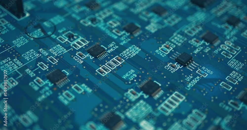 View of a circuit board with processor and line chip computer electrical View of a circuit board with processor and line chip computer electrical