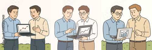 Collection of two men holding laptop together and having serious discussion (wearing shirt and trousers) vector flat design style