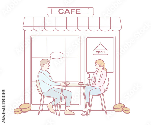 A relaxed and cozy scene featuring two people engaging in conversation while enjoying coffee at a charming cafe
