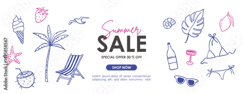 Hand draw summer collection. Crayon drawing style, Italian la dolce vita, sale banner