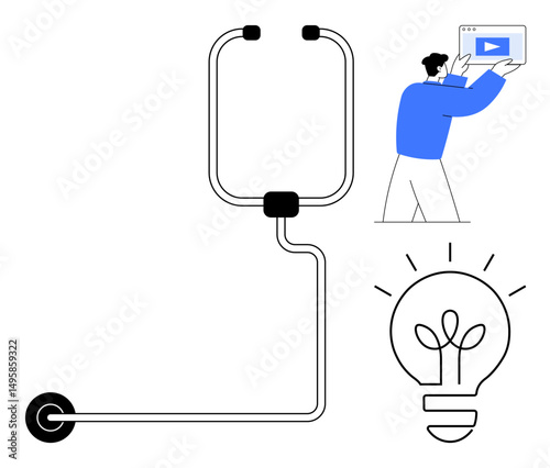 Pipeline connected to a light bulb symbolizing ideas, with a man holding a video. Ideal for creativity, brainstorming, innovation, learning, problem-solving, inspiration, simple landing page