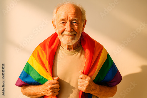 Senior Man Smiling with Rainbow Pride Flag photo