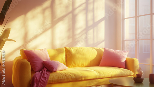 Colorful Throw Pillows and Cozy Sofa Interiors – Modern Home Decor Photography. AI generative.