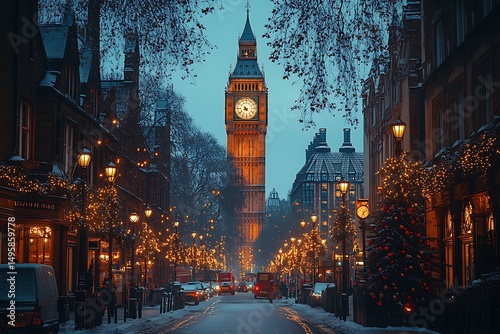 Big ben clock tower in london during a winter evening with festive decorations