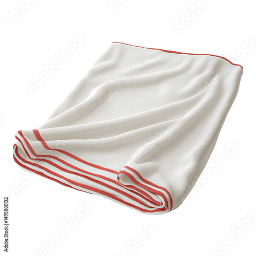A soft, pristine white towel elegantly folded, highlighted with subtle red stripes and a warm, inviting atmosphere.