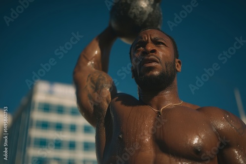 Focused African American man lifts heavy kettlebell overhead, showcasing strength and determination against a vibrant blue sky, city building at the background.
