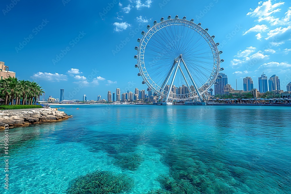 Fototapeta premium Panoramic view of the iconic ain dubai ferris wheel with the dubai skyline under a clear blue sky