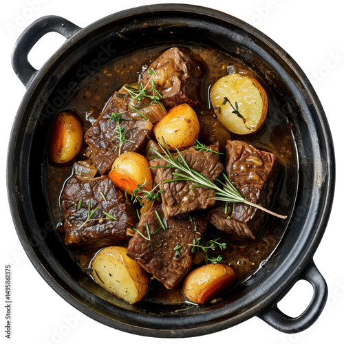 Tender beef stew with potatoes and herbs simmering in a rustic pot, inviting warmth