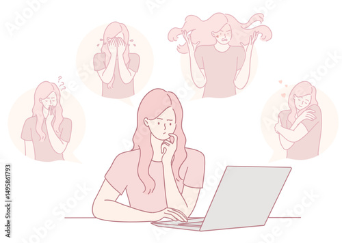 A woman exhibits a range of emotions while interacting with her laptop, all displayed in a minimalistic style