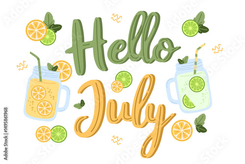 
Hello July vector illustration with handwritten lettering, summer drinks in mason jars, lemon and lime slices, and mint leaves, perfect for seasonal greeting cards, tropical beverage promotions.