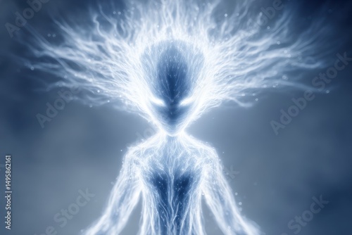 An ethereal being radiating a soft, blue light, emanating power and otherworldly energy, against a dark mysterious background creating an enigmatic atmosphere.