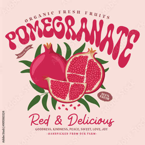 Pomegranate fruit artwork. Fresh food artwork for for t shirt. . Summer Organic food poster design. Fresh pomegranate fruit print.