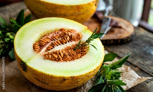 Ripe juicy melon cut in half on a brown wooden background, close up