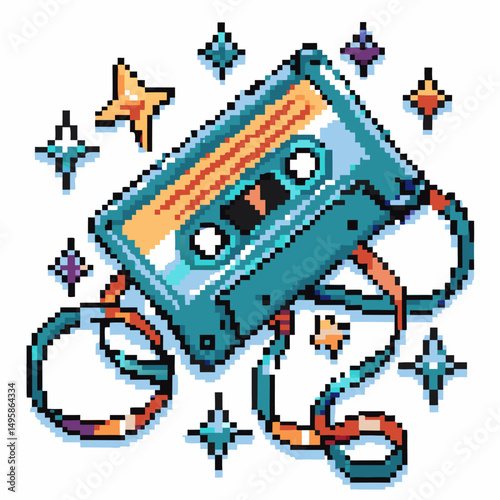 retro cassette tape with twisted ribbon and colorful pixel stars, nostalgic 8 bit art