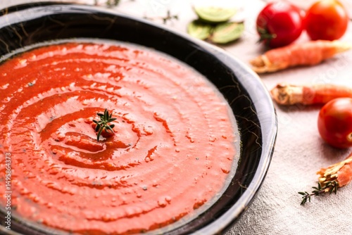 Spanish tomato gazpacho soup decorated with thyme