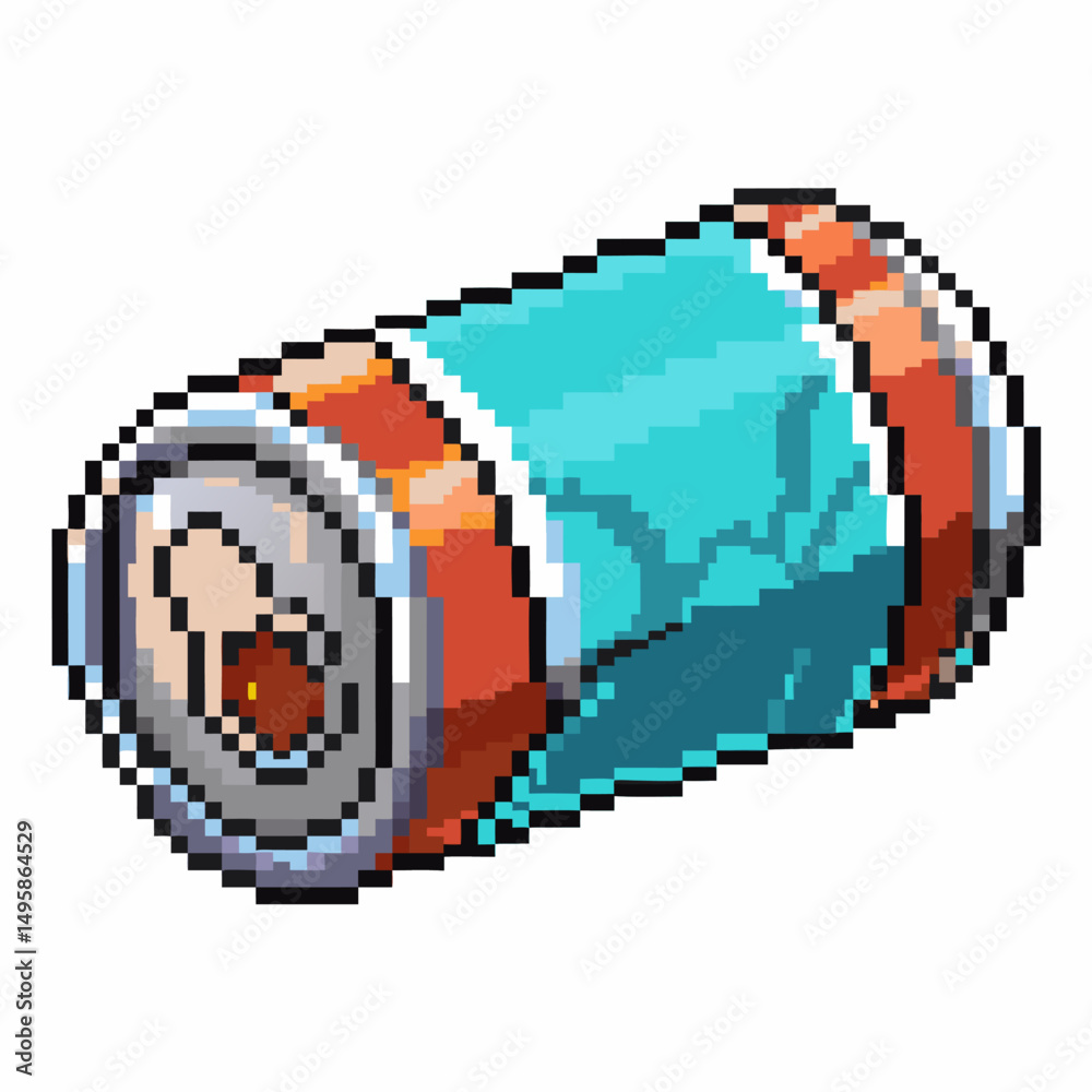 Obraz premium pixel art soda can retro beverage, teal and red design, isolated white background