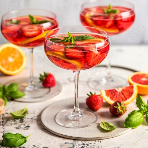Strawberry, orange and basil sparkling punch, spring cocktail
