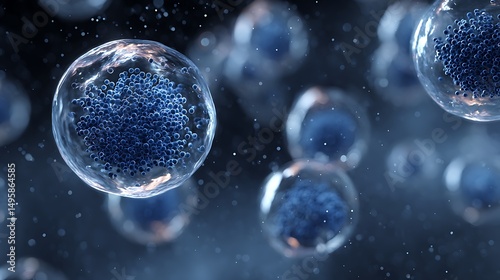 Closeup of blue exosome particles encapsulated within transparent spheres, 3D illustration, biotechnology theme, scientific visualization .