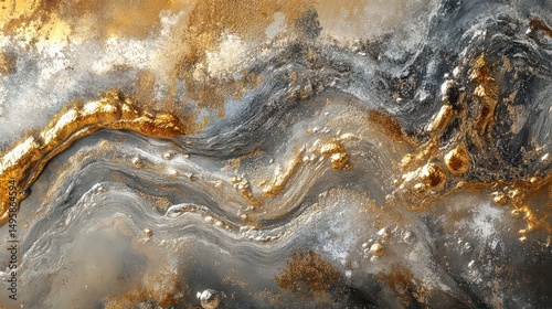 Abstract artwork featuring gold and silver textures with swirling patterns and fluid dynamics effect