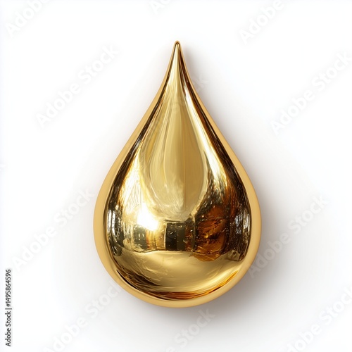 Polished gold droplet on plain bright white background no shadows, smooth reflective surface, luxury metallic shape