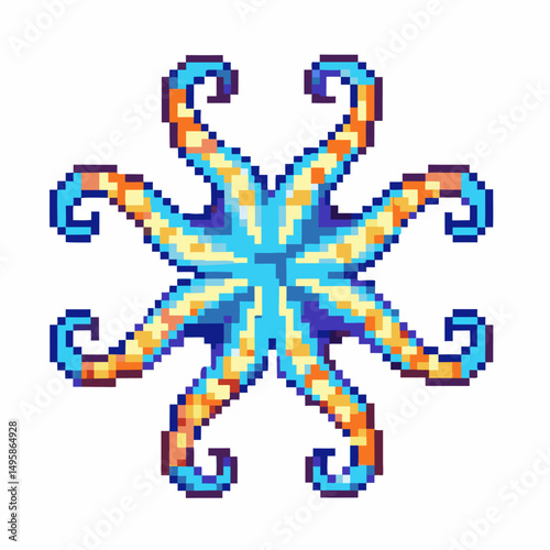 Colorful pixel art octopus with spiral tentacles on white background
