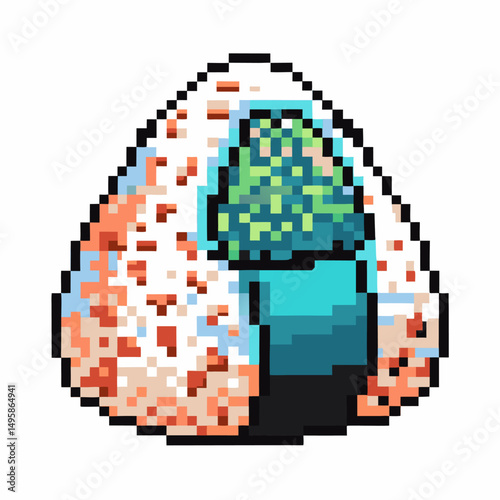 Pixel art onigiri rice ball with seaweed and filling, retro video game style, vibrant color