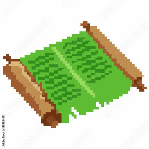 Pixel art ancient scroll open with green text, vintage parchment design, retro gaming illustration