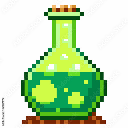 Pixel art green potion bottle, retro gaming alchemy design